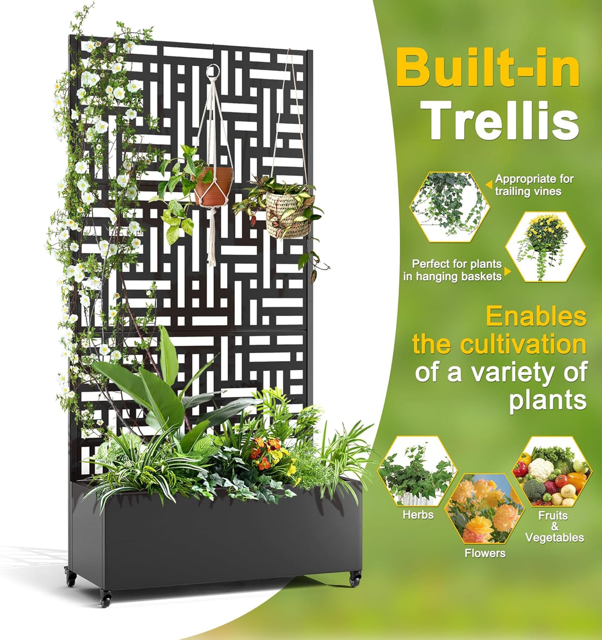 FENCY Metal Raised Garden Bed with Wheels and Trellis,73"x35"x16" Planter Box for Climbing Plants, Vegetables & Vines, Features Privacy Screen and Drainage Holes (Black-Geometric Lattice)