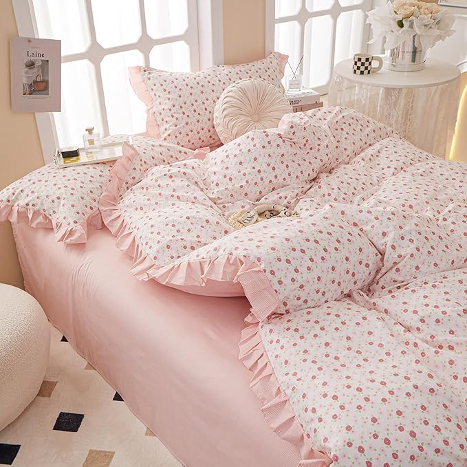 Pink Floral King Comforter Set Chic Flower Bedding Ruffled Comforter Set King Vintage Garden Floral Comforter with Lace Reversible Flower Botanical Comforter Fluffy All Seasons Bedding Set King
