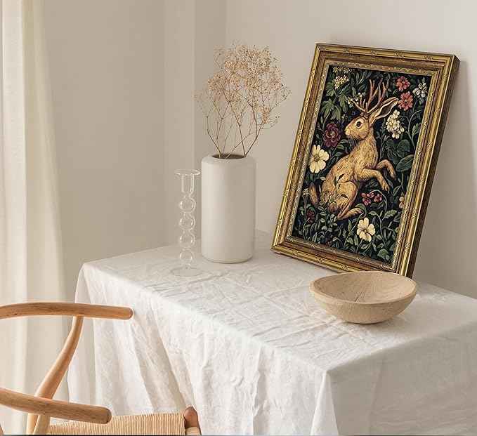Vintage Gold Framed Bunny Wall Art Dark Botanical Cottagecore Mythical Folklore Art Painting Canvas Prints Dark Academia Floral Poster Gothic Hare Picture Artwork for Bedroom Living Room Home Decor