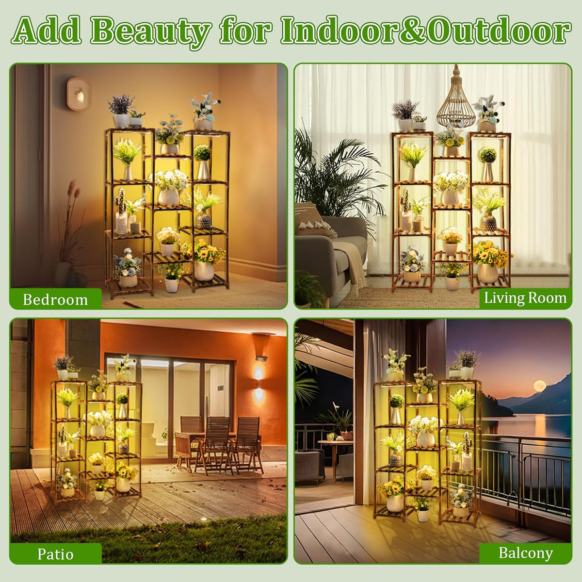 Dreyoo Plant Stand with Grow Lights, Wood Plant Shelf with Full Spectrum Grow Lamp for Indoor Corner, Vintage Multi Layer Lighted Stand for Living Room Balcony Display(11 Tiered Shape)