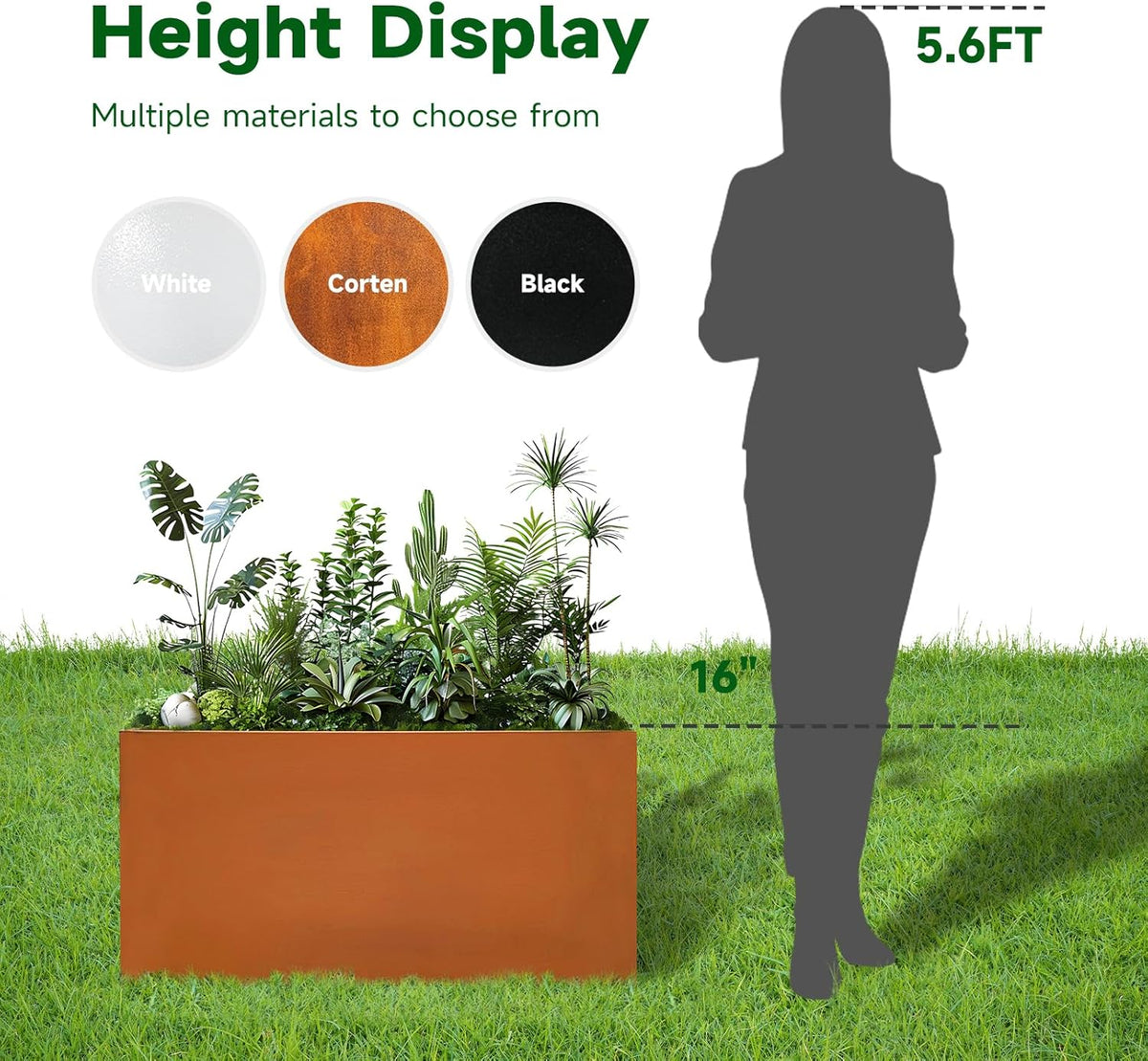 Corten Steel Corner Metal Planter Box Garden Steel Planter Pot for Patio Modern Farmhouse Rustic Design (L32 x W12 x D16, Rusted)