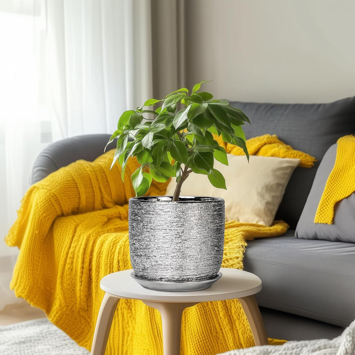 Ceramic Pot for Plants 8 Inch - Ceramic Flower Pot Indoor with Drainage Hole and Saucer, Decorative Round Indoor Planter, Plant Lover Gifts, Patio Home Office House Decor, Silver