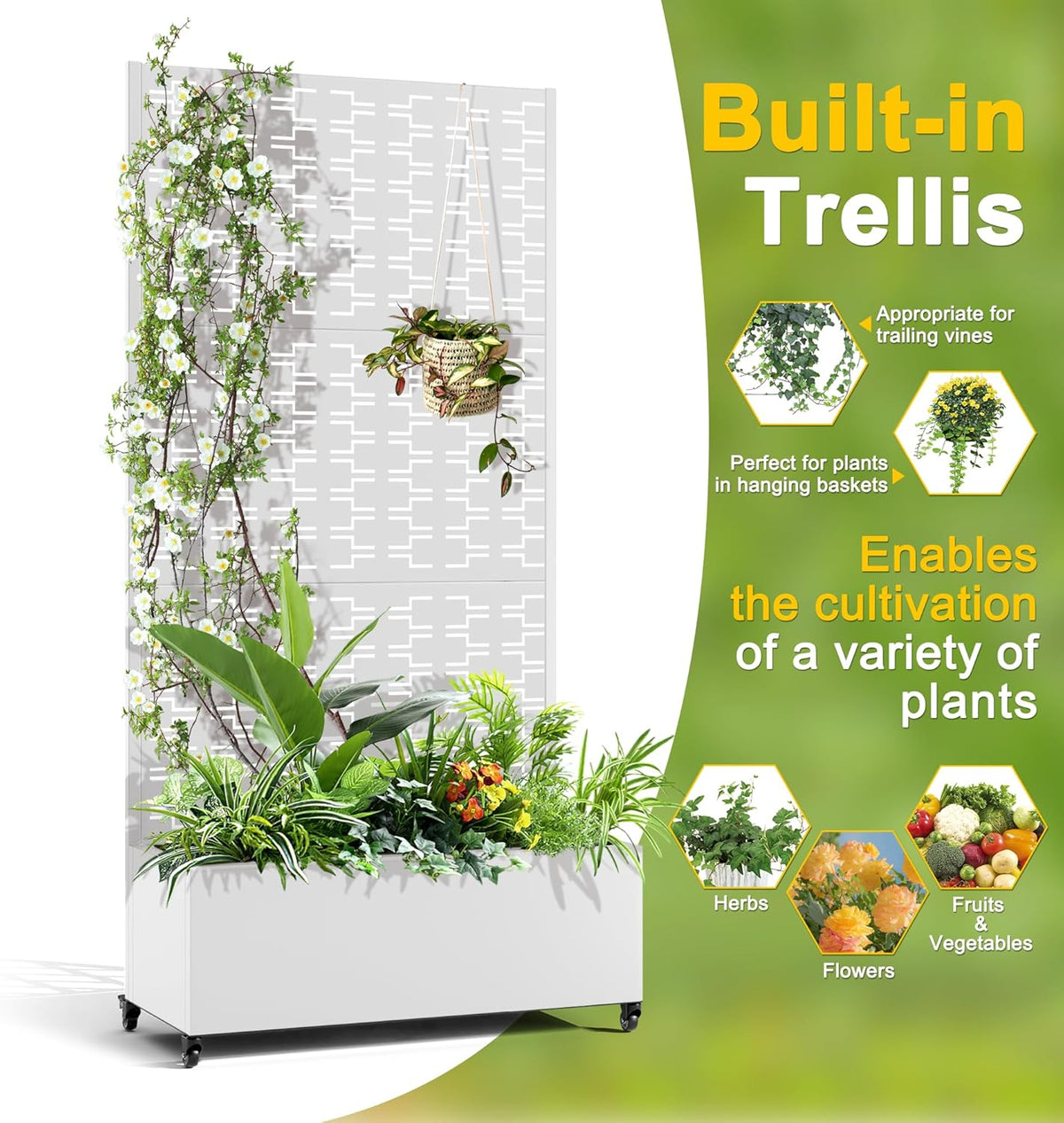 FENCY Metal Raised Garden Bed with Wheels and Trellis,73"x35"x16" Planter Box for Climbing Plants, Vegetables & Vines, Features Privacy Screen and Drainage Holes (White-Brick)