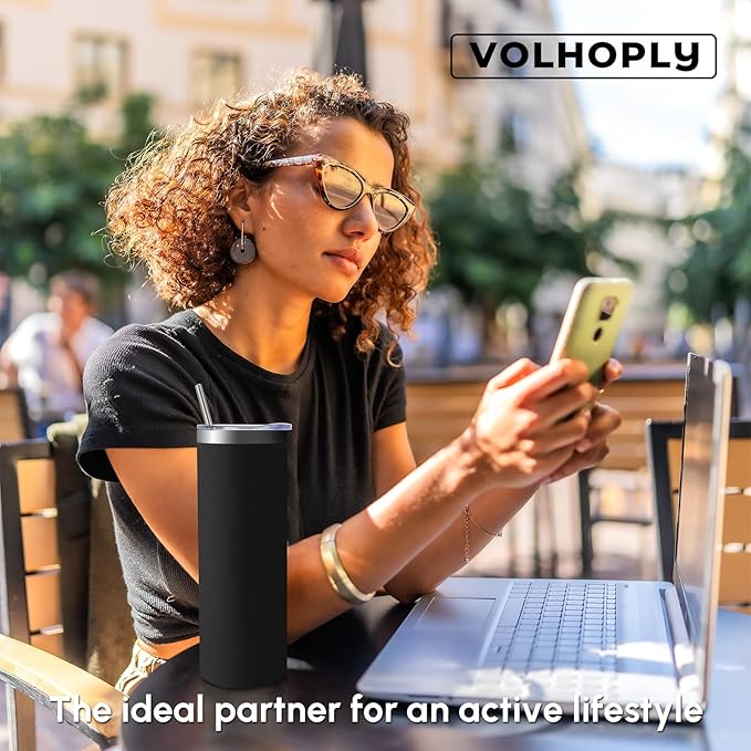 Volhoply 8 Pack Skinny Tumblers with Lid and Straw, 20oz Stainless Steel Straight Tumbler Bulk, Vacuum Insulated Coffee Mug for Home, Office, Travel, DIY (Black,8 Pack)