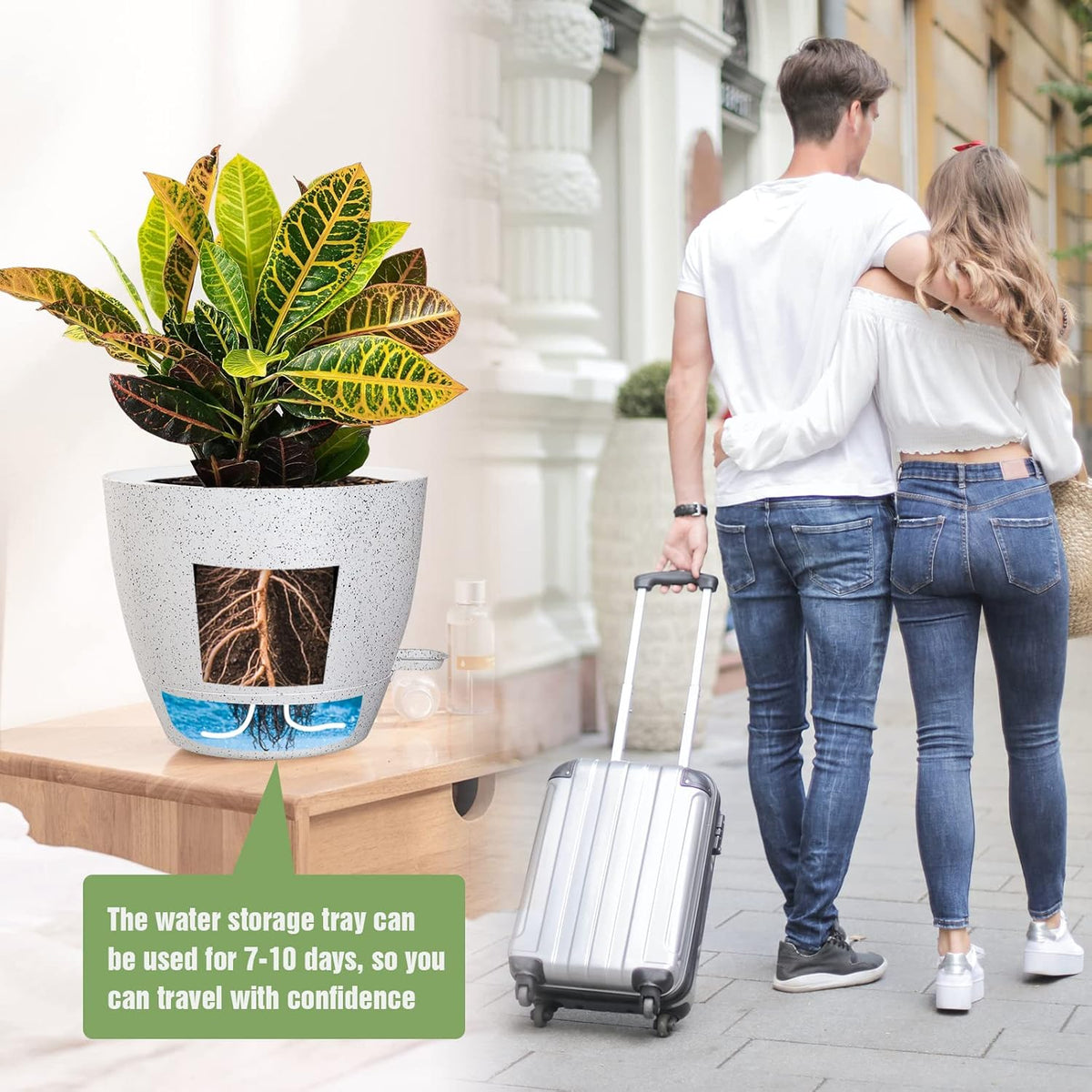 Large Self Watering Pots, 12/10/9 Plastic Planters with High Drainage Holes and Deep Reservoir for Indoor Outdoor Garden Plants and Flowers, White Speckles