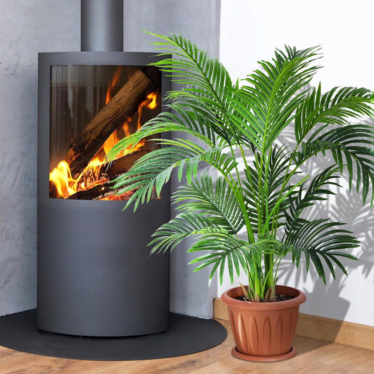KOL 4ft Artificial Areca Palm Tree Plant, 47in Fake Cane Palm Silk Tree Indoor Outdoor, Dypsis Lutescens, Realistic Faux Silk Plants for Office Home Garden Decoration, Lifelike Modern Decor