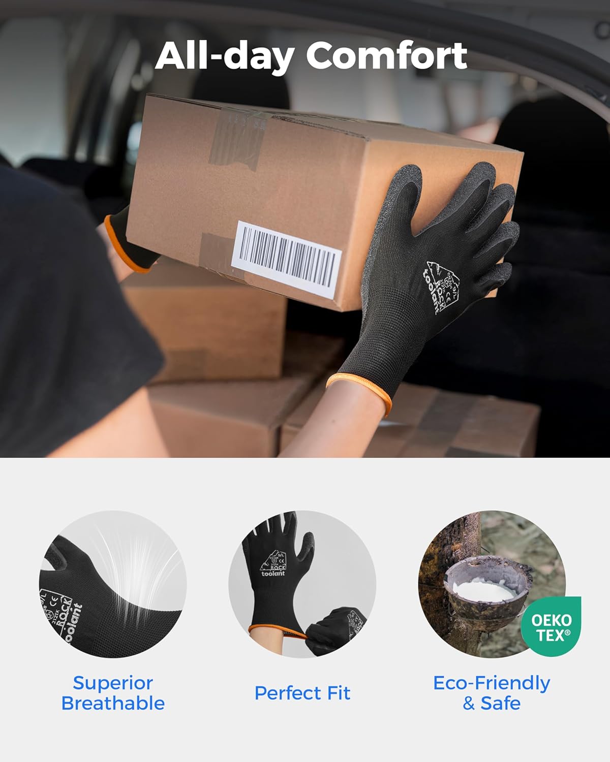 toolant Crinkle Latex Work Gloves Bulk, Rubber Coated Safety Work Gloves for Men and Women, 12 Pairs for Construction, Gardening, Warehouse (Black, Large)