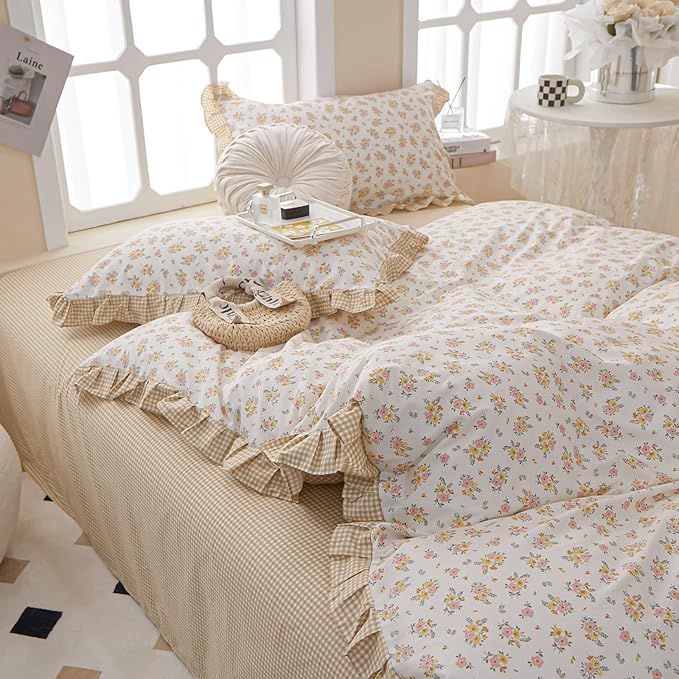 French Style Ruffle Floral Comforter Set Twin XL Vintage Garden Floral Bedding Comforter Reversible Yellow Plaid Bedding Set Rose Flowers Botanical Comforter Set with 2 Pillowcases for All Season