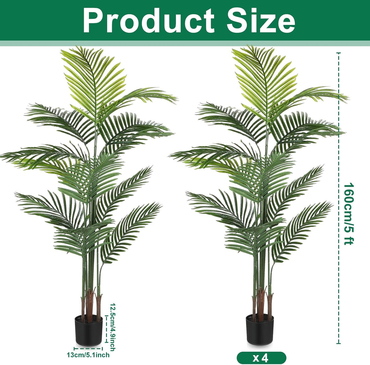Jexine 4 Pack Artificial Palm Trees 5Ft, Fake Plants Fake Trees Artificial Areca Palm Plants for Outdoor Indoor Faux Palm Tree in Pot for Pool Home Decor Office Housewarming Gift Modern Decoration