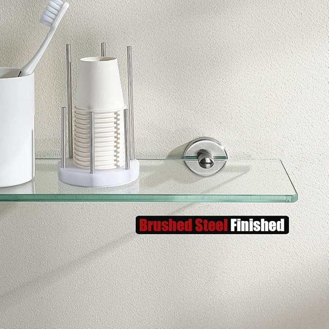 JQK Bathroom Glass Shelf Brushed, Tempered Glass Shower Storage 12 by 5 inches, 304 Stainless Steel Brushed Steel Wall Mount 2 Pack, TGS101L12-BN-P2