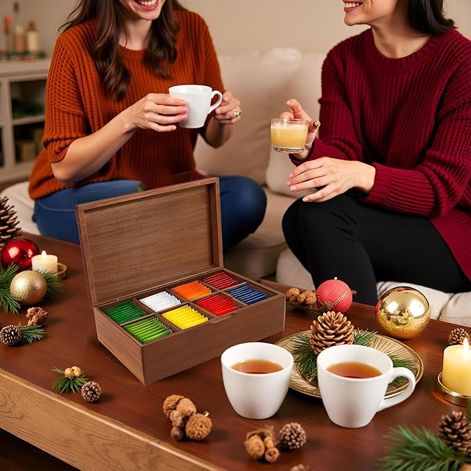 Acacia Wood Tea Bag Organizer Box – 8-Compartment Tea Storage Container Tea Caddy Holder with Removable Dividers – Rustic Tea Chest for Kitchen Counter, Coffee & Tea Station, Gifts