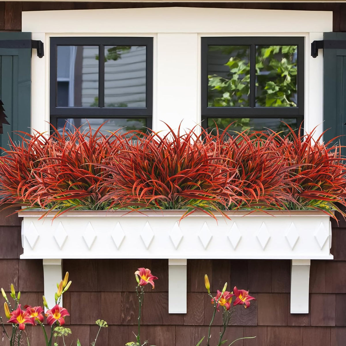 Uieke 28 Bundles Artificial Outdoor Plants UV Resistant Fake Grass Plants Faux Plastic Plants Greenery Shrubs for Home Garden Pathway Window Box Front Porch Cemetery Fall Decor, Autumn Red