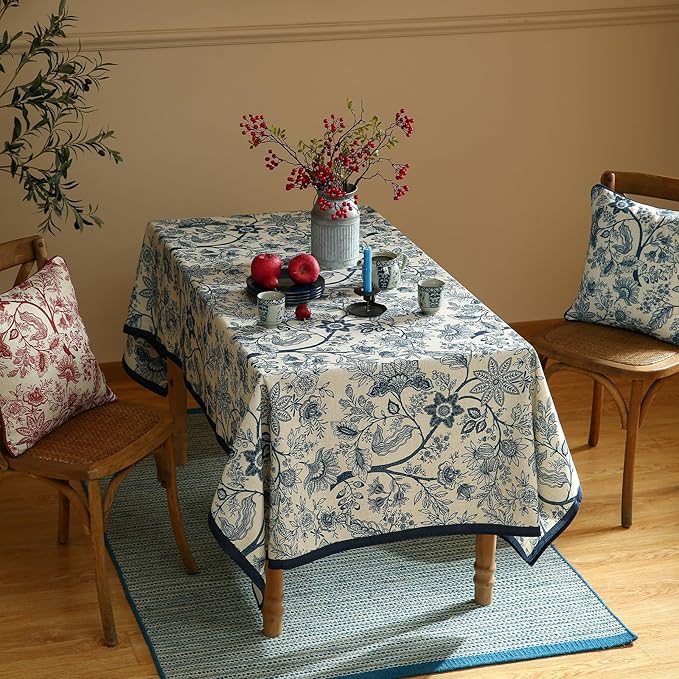 ISAENNE Designer French Linen Square Tablecloth,Blue Floral Washable Indoor Table Cloth,Durable Home Decor Tablecloths for Dining Thanksgiving Kitchen Tea Party Christmas,67"*67"-Ruyi B
