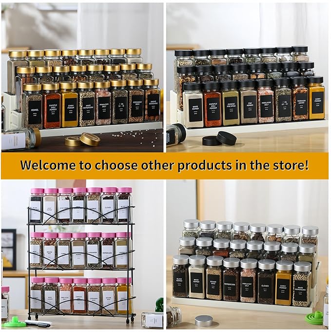 24Pcs Spice Jars Containers with Labels,4oz Black Seasoning Bottles with Shaker Lids for Rack, Cabinet, Drawer,Empty Square Condiment Pots (24, Black)