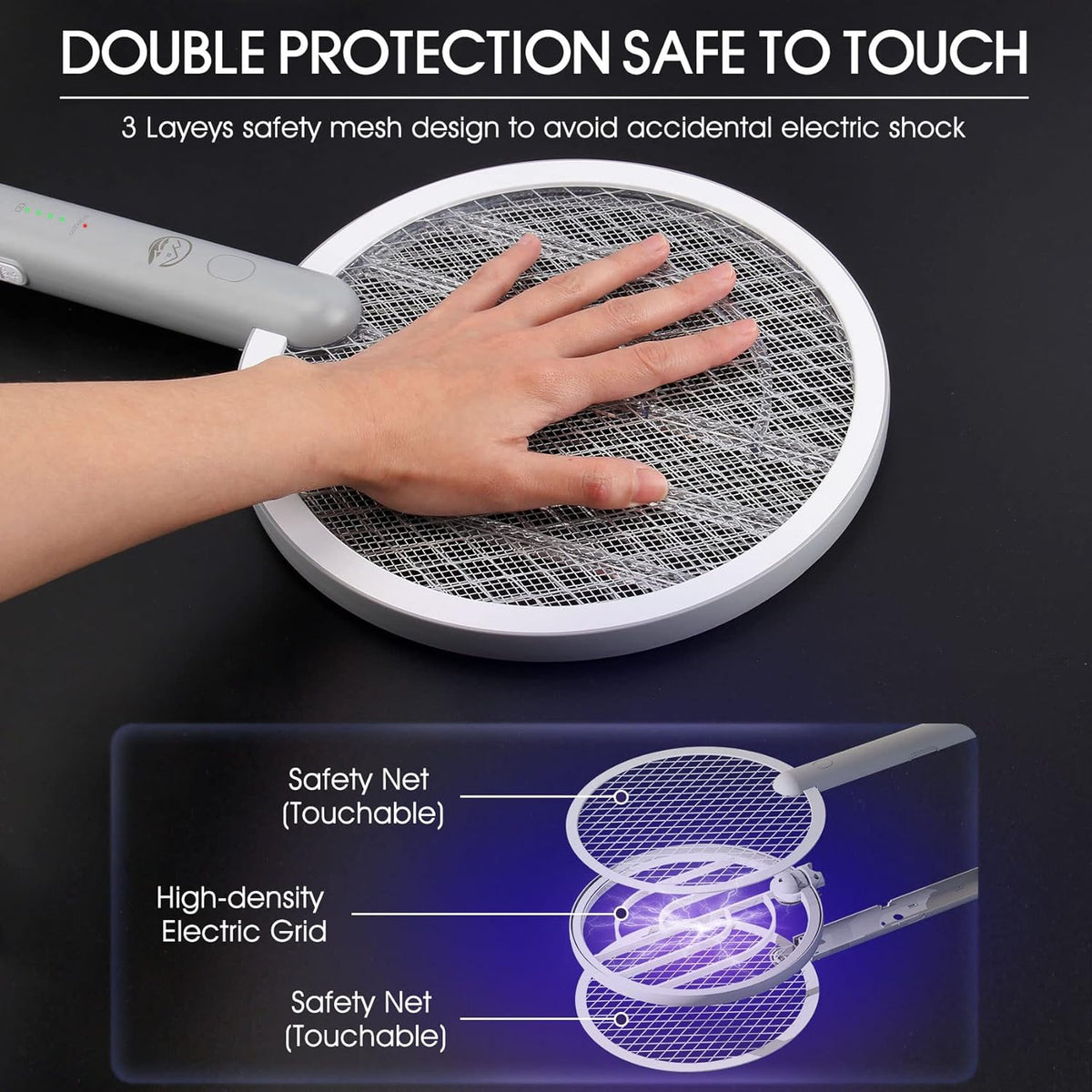Electric Fly Swatter Racket, 2 in 1 Bug Zapper with USB Rechargeable Base, 4000 Volt Mosquito Killer with 3-Layer Safety Mesh for Pest Insect Control for Indoor、Office、Backyard、Camping(Gray-2 Pack)