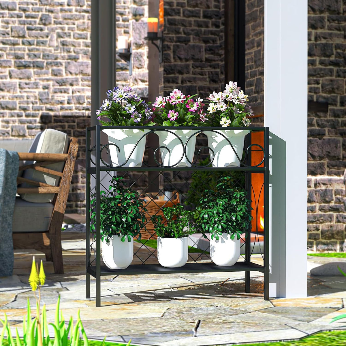 Zhongma 2 Tier Metal Sturdy Narrow Plant Stand, 35.43 L x 12.6 W x 35.43 H inch, Indoor and Outdoor Heavy Duty Metal Plant shelf for Small Spaces 440 LBS Capacity