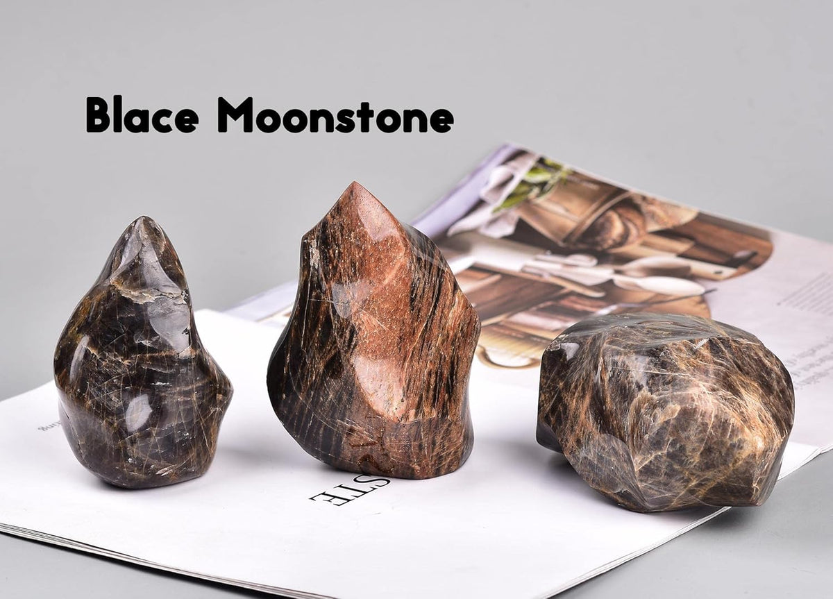 AMOYSTONE Black Moonstone Flame Shaped Towers Large Healing Crystal Stone Home Decor 1.0-1.5LBS