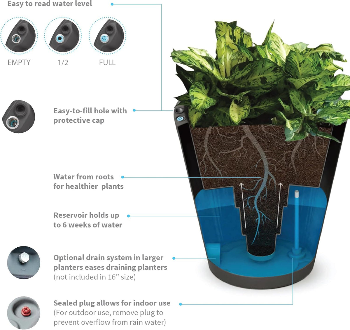 Crescent Garden Dot TruDrop Indoor/Outdoor Planter, Self-Watering Plant Pot, 26 Inches, (Ash)