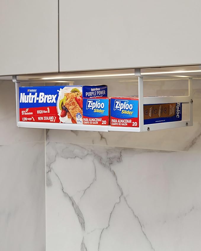 Under Shelf Storage Basket, 2 Pack Heavy-Duty Hanging Baskets Under Cabinet Shelf Organizer, Add-on Space Saver Kitchen, Pantry, Laundry Room, Slide-in White Shallow Depth