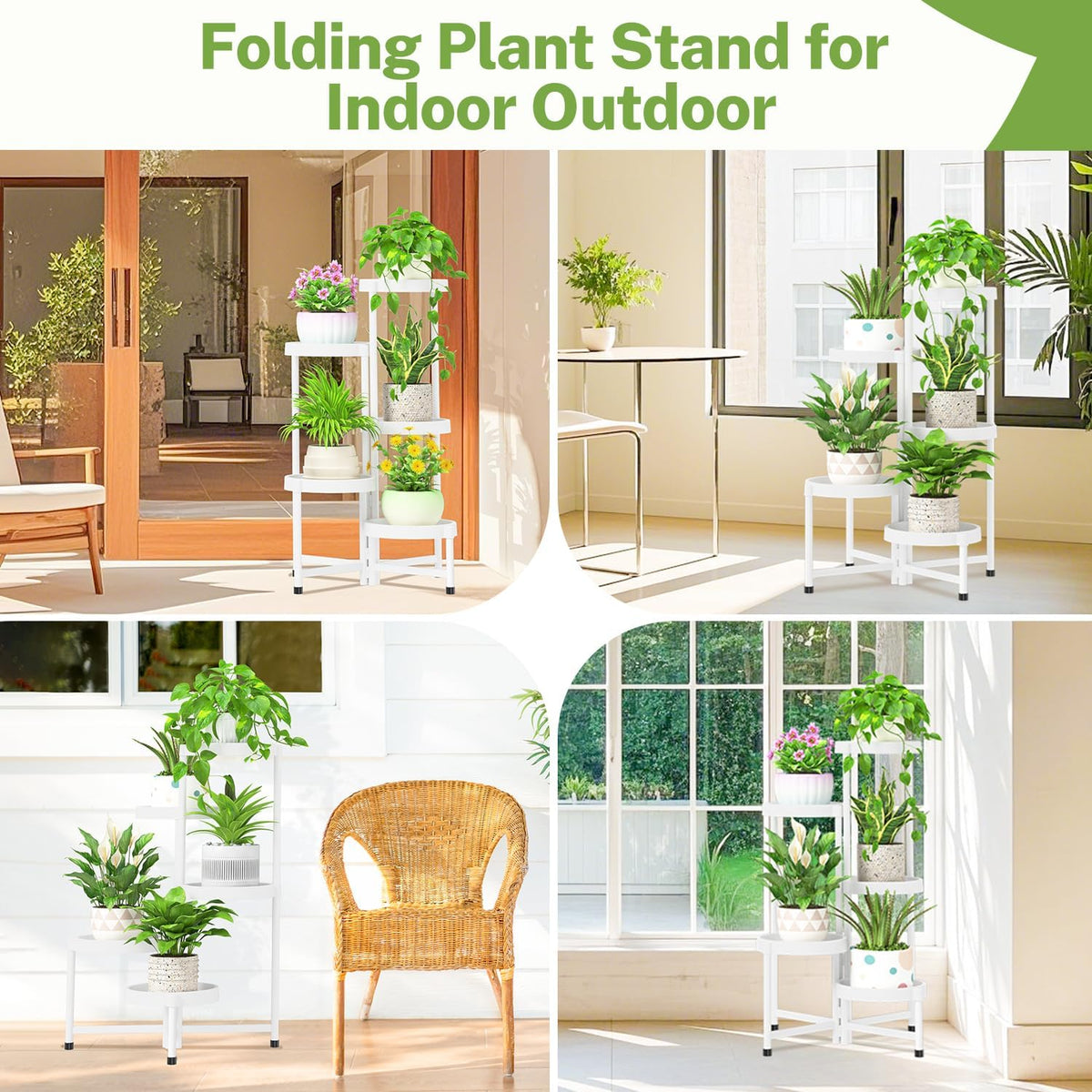 iDavosic.ly 5 Tier Folding Plant Stand Indoor Outdoor with Plastic Tray, Tiered Corner Flower Holder Shelf, Metal Orchid Display Rack for Patio Porch Living Room Garden Balcony, White