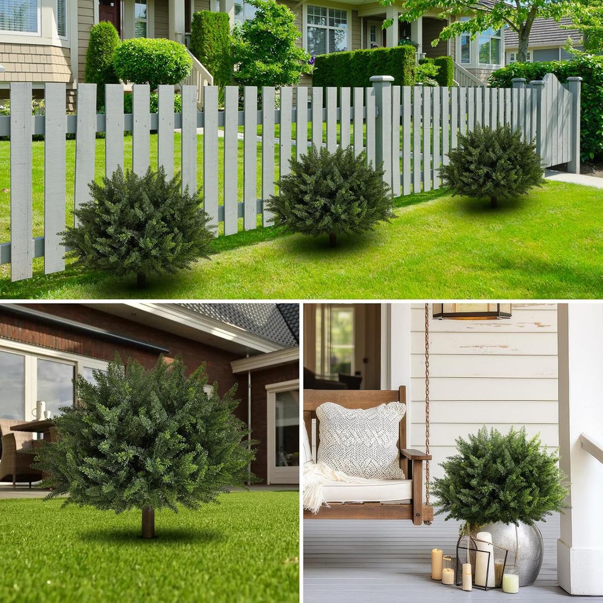 23.6Inch Artificial Cedar Topiary, 2 Pack UV Resistant Faux Evergreen Shrubs with Ground Spikes, Indoor Outdoor Potted Plants for Porch, Garden, Front Door Decor