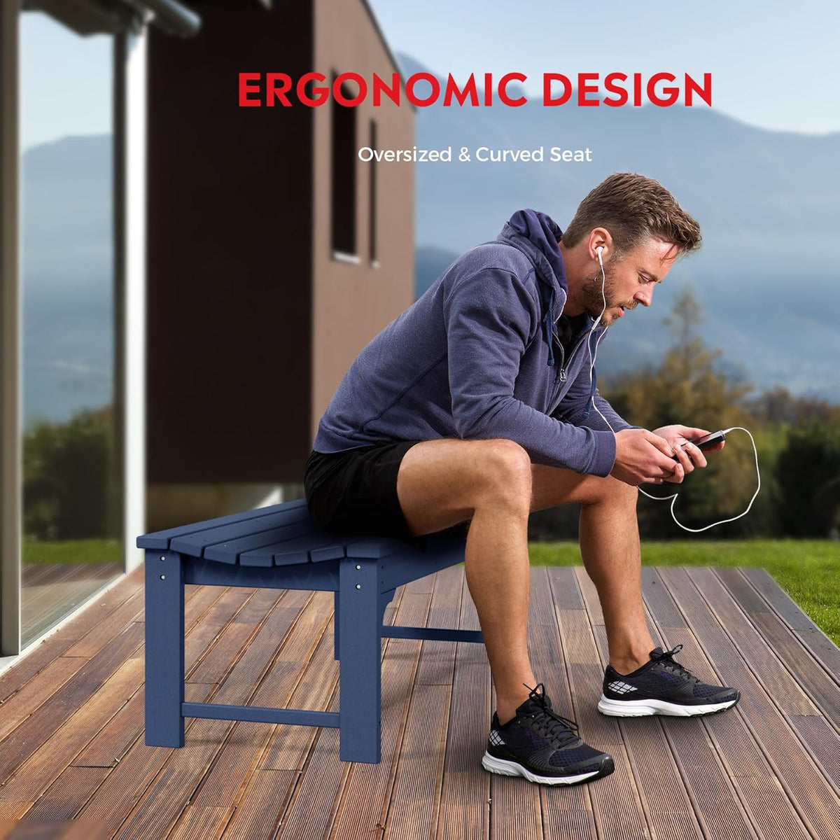 Outdoor Benches Weatherproof, All Weather Resistant Park Bench Poly Lumber Backless Garden Bench Seat for Entryway Front Porch, Navy Blue
