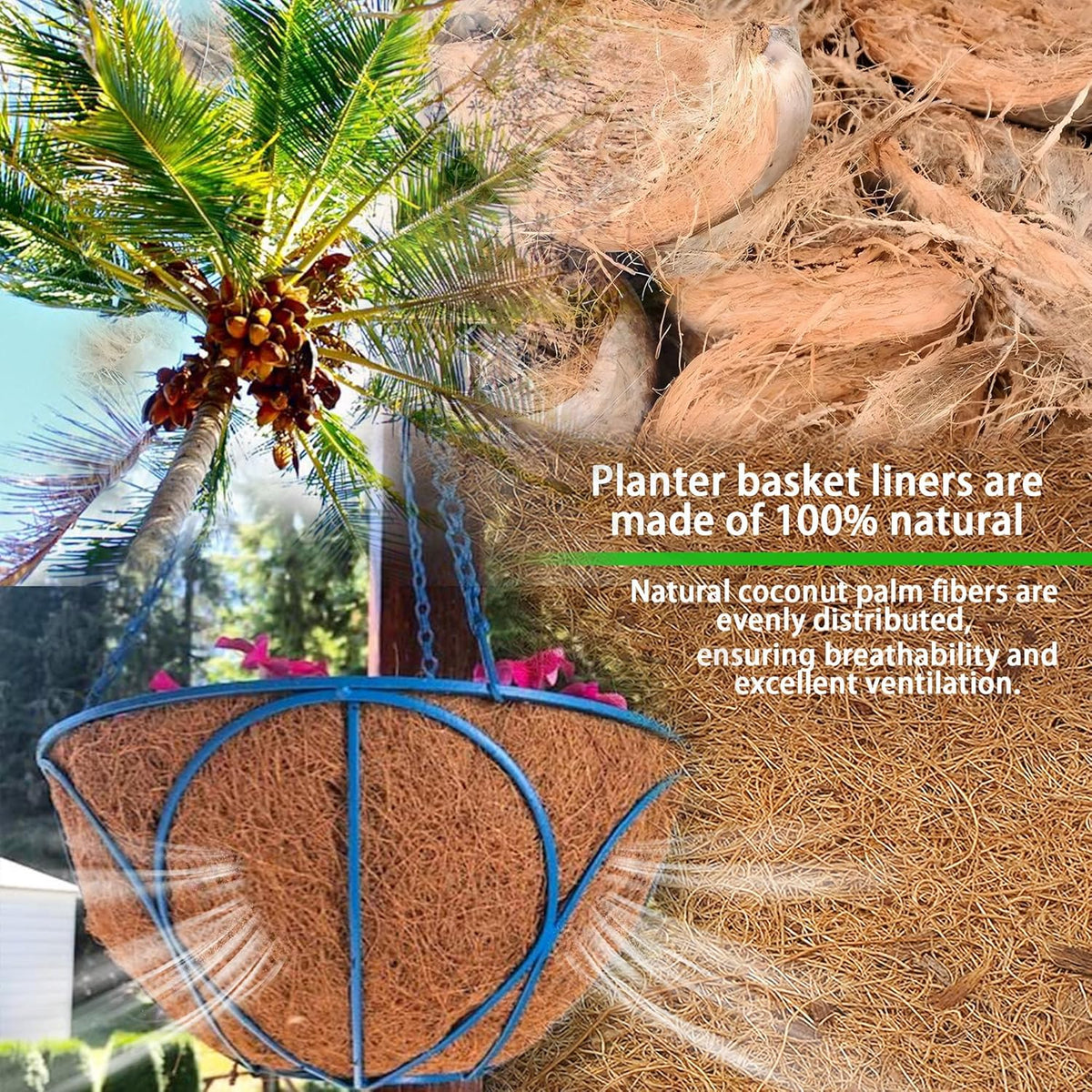 4 Pcs of 16-Inch Hanging Basket Coco Liners Replacement - Natural Round Coconut Fiber Planter Basket Liners for Hanging Basket Flowers