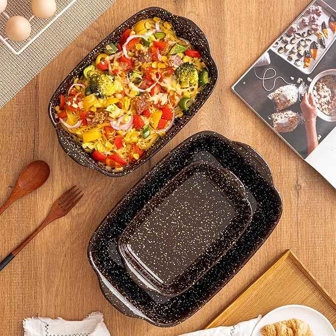 3-Pack Deep Rectangular Ceramic Baking Dishes, Heavy-Duty Oven-Safe Stoneware Casserole Pans for Lasagna Baking, High Heat Resistant Handcrafted Glazed Finish,Speckle Series(13.8''/12''/9.6'' Brown)