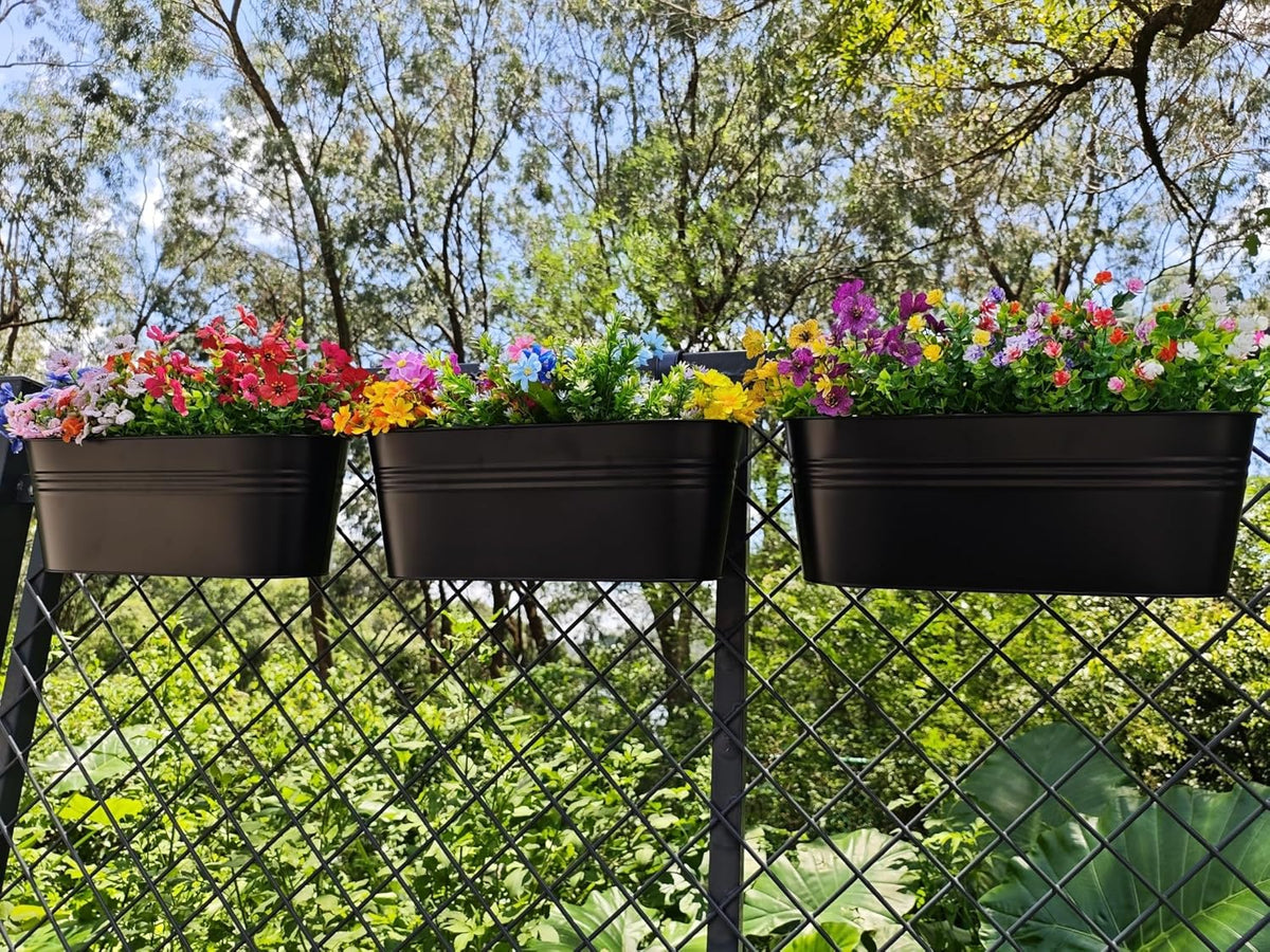3 Pcs Large Balcony Planters Railing Hanging Flower Pots- 16.2 Inch Metal Railing Planter Box Fence Planters for Outdoor Plants with Detachable Hooks and Drain Holes for Garden Decor (Black-16.2inch)