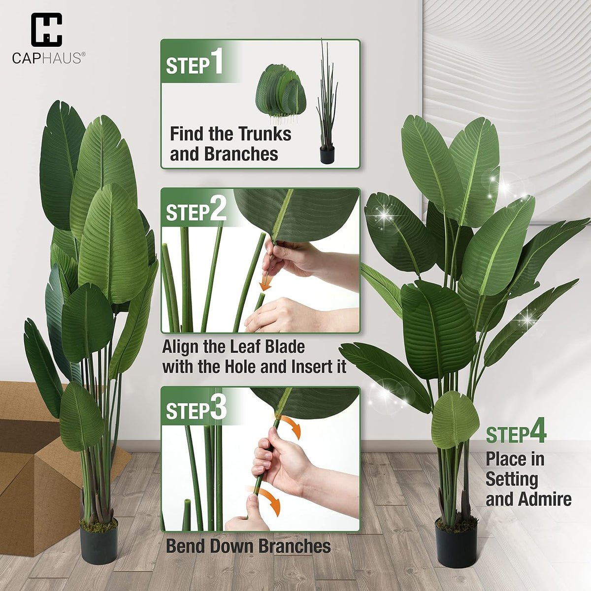 CAPHAUS 4 Feet Artificial Bird of Paradise, 48 Inch with 8 Trunks, Premium UV Resistant Lifelike Fake Plant in Pot with Dried Moss for Office, Indoor/Outdoor Use & Tropical Home Décor