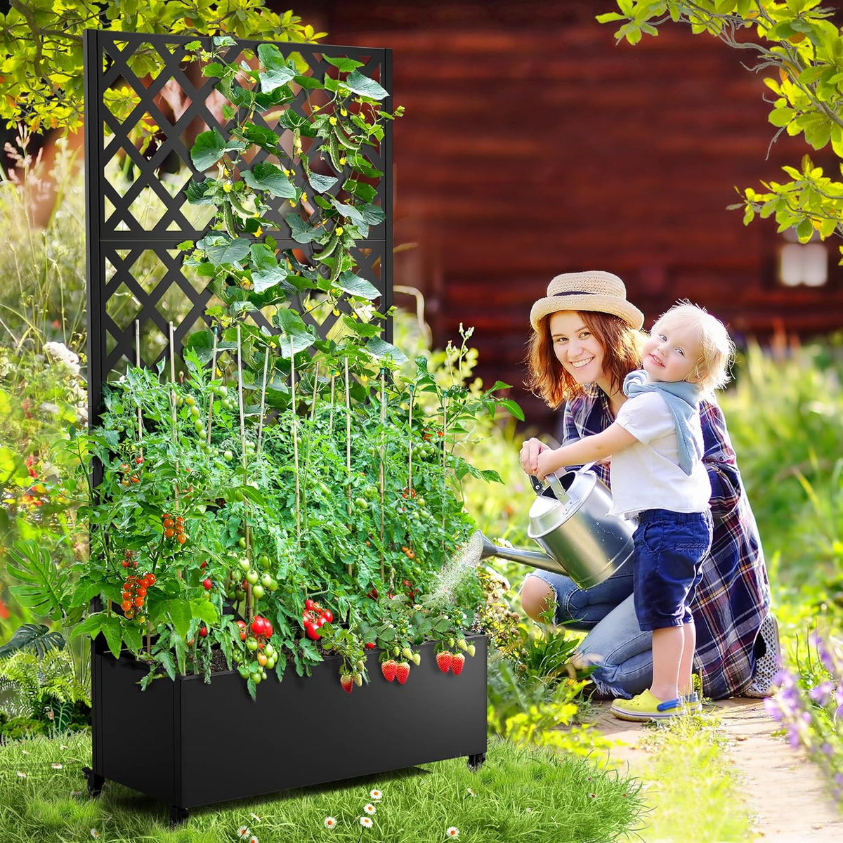 FENCY Metal Planter Box with Diamond Lattice Trellis Planter Box for Climbing Plants/Vines, Galvanized Raised Garden Bed On Wheels, Garden Bed with Trellis(73"x35" Black)