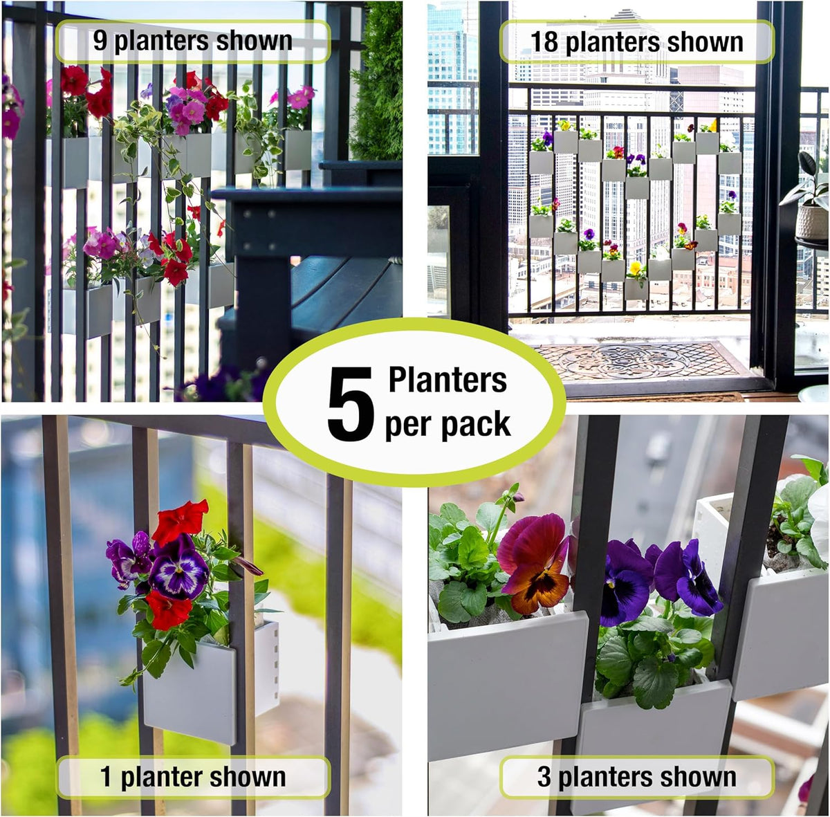 Railing Planter 5-Pack, White (4-inch) | Tool-Free Space-Saving Floating Flower Pots for Balcony Railings | Vertical Garden Railing Planters | UV-Protected, Made in USA