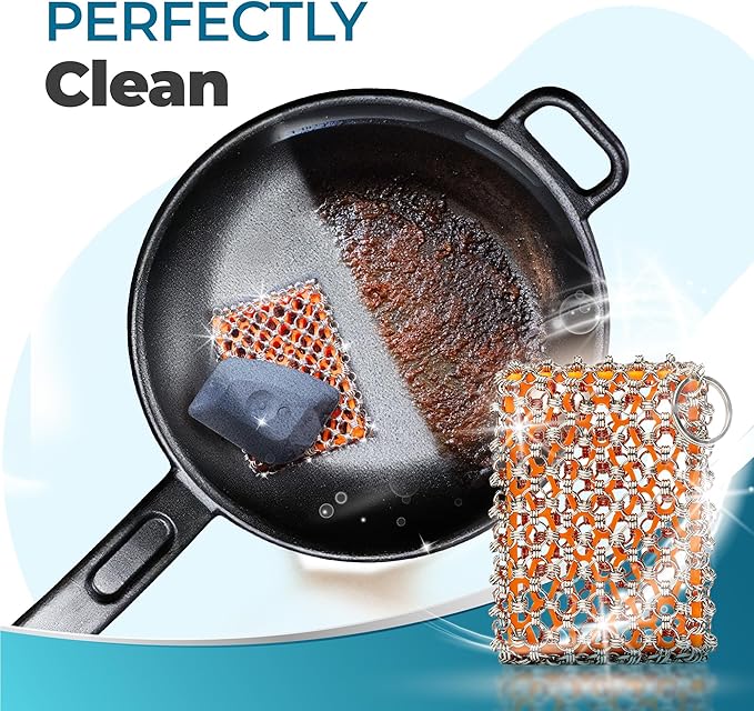 Cast Iron Care Bundle: 316 Stainless Steel ๐๐ซ๐ข๐ฉ๐ฅ๐ ๐๐ข๐ง๐ ๐๐ก๐๐ข๐ง๐ฆ๐๐ข๐ฅ Scrubber (Orange) & Extra Thick Leather Handle Cover Set of 2 (๐๐๐๐ ๐ข๐ง ๐๐๐จ๐ซ๐ ๐ข๐) โ Perfect for Pan