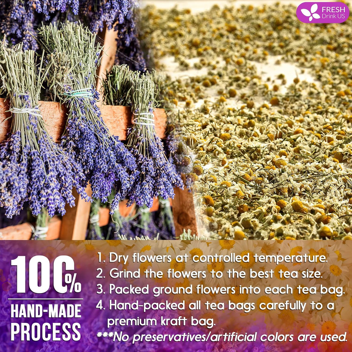 FreshDrinkUS, Premium 60 Chamomile Lavender Tea Bags, Calming Herbal Blend Strong Support for Relaxation & Better Sleep | Naturally Caffeine-Free Bedtime Tea with Soothing Floral Aroma, 100% Natural, Hand-made No Sugar/ Caffeine/ Gluten, Vegan
