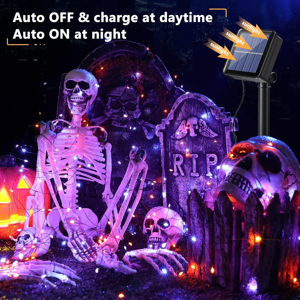 Brizled Orange & Purple Halloween Lights, 2 Pack Total 78FT 240 LED Solar Halloween Fairy Lights, 8 Modes Outdoor Orange Fairy Light, Purple Twinkle Light String Black Wire Outside Spooky Decorations