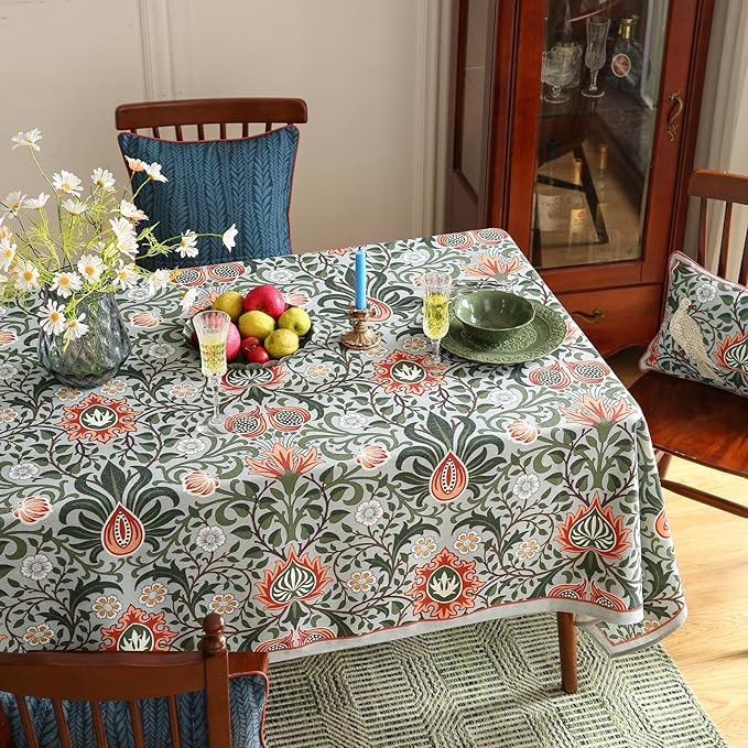 ISAENNE Designer Bohemian Linen Green Small Square Tablecloth,Floral Indoor Table Cloth,Stain Resistant Home Decor Tablecloths for Dining Thanksgiving Kitchen Party Christmas,67"*67"-Naples