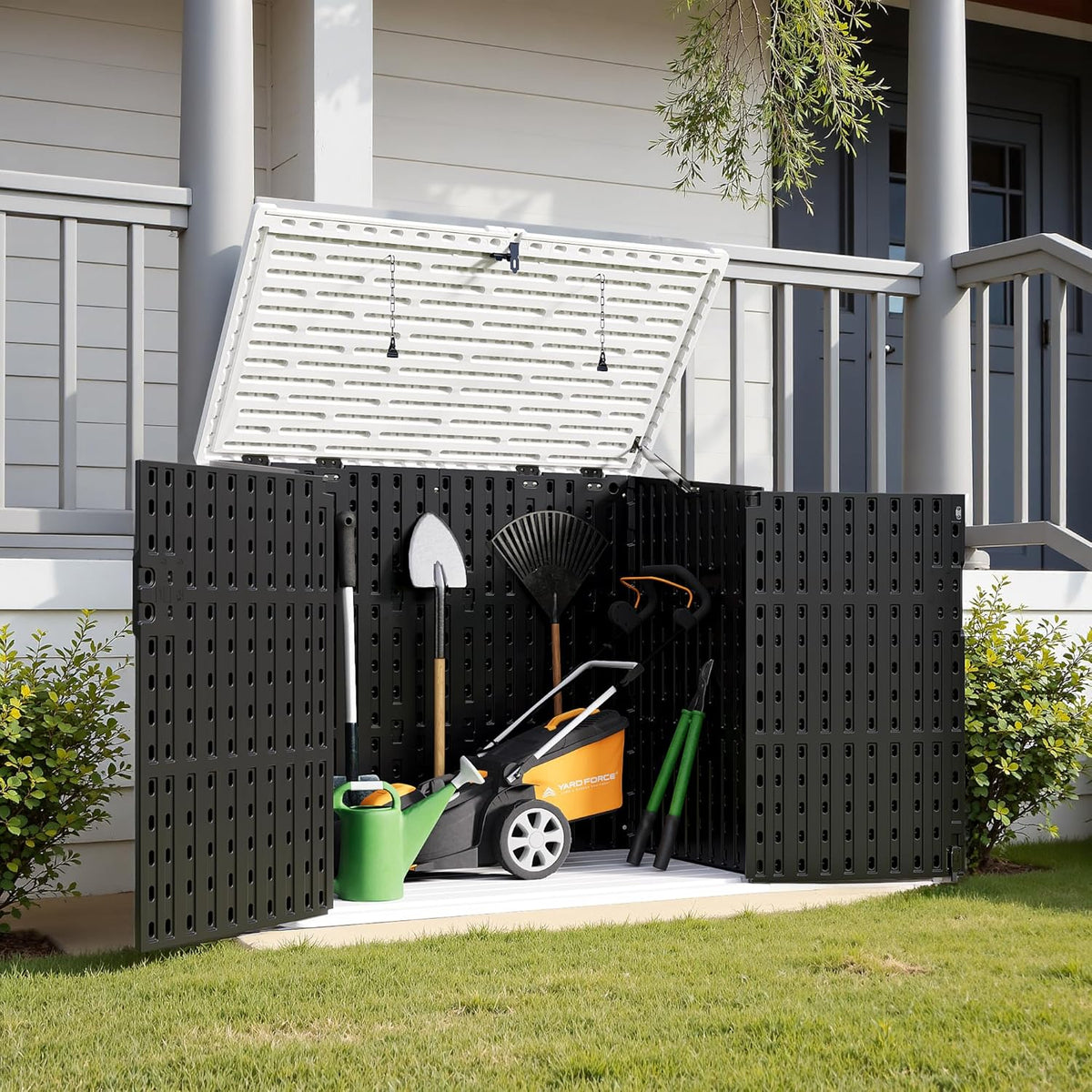 Greesum Outdoor Resin Storage Shed, 34 Cu.ft Horizontal Outdoor Storage Box Waterproof for Garden, Pool Storage, Garbage Cans, Black