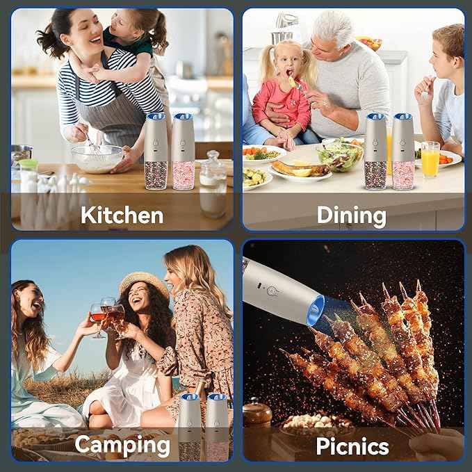 Rechargeable Electric Salt and Pepper Grinder set of 2, gravity electric salt and pepper grinder set, Adjustable Roughness, LED Light, 2 Pack, (Khaki)