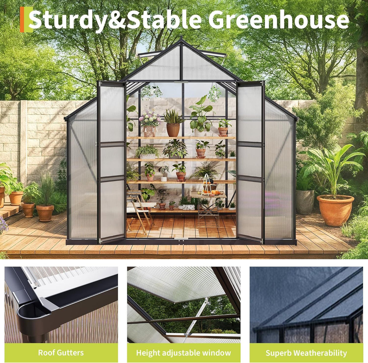 8*12 FT Outdoor Walk-in Greenhouse, Polycarbonate Green House, Heavy Duty Greenhouse with Vented Roof Window, Windproof Aluminum Frame, Suitable for Outside Gardening, Backyard, Patio