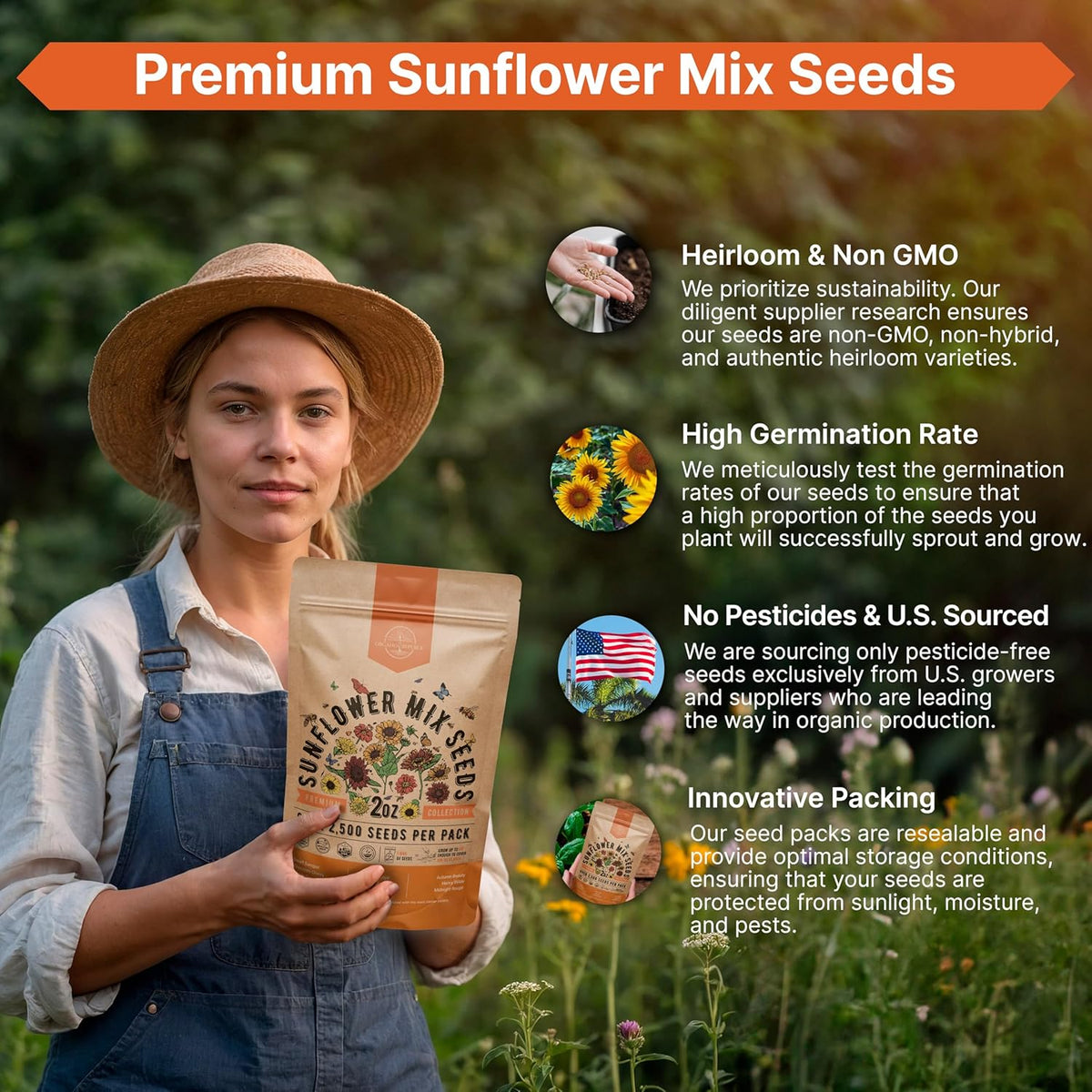 Sunflower Mix Seeds Pack 2 oz - Over 2,500 Non-GMO Heirloom Sunflower Seeds for Planting, Annual Flowers in Individual Seed Packet for Planting Home Garden Indoor & Outdoor Gardening