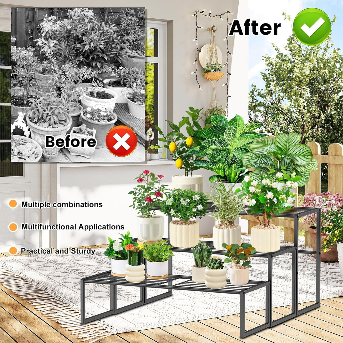 3 Tier Metal Plant Stand Indoor Outdoor, Potted Multiple Flower Pot Holder Rack Plant Shelf, Heavy Duty Planter Display Shelving for Patio Balcony Garden Living Room Decorative (3 Tier- Black)