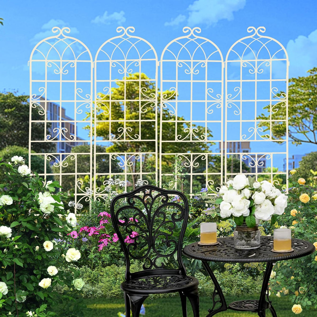 2 Pack Metal Garden Trellis 86.7" H Cream White Garden Fence Rustproof Trellis for Climbing Plants Support Roses Flower Outdoor Lawn, White Tall
