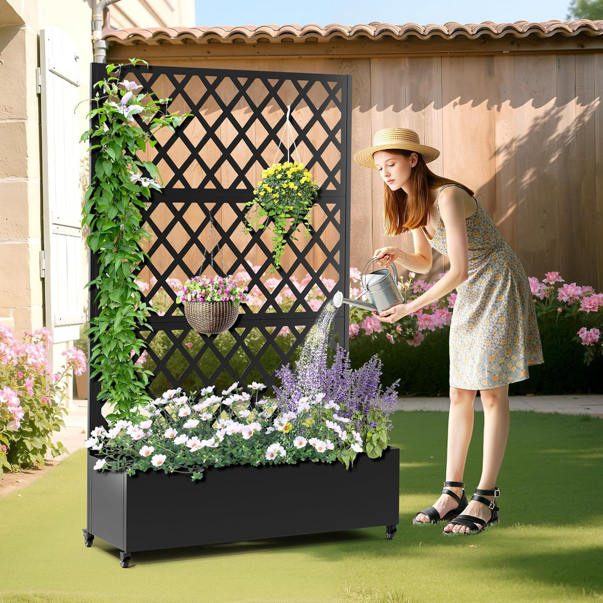 Metal Planter Box with Trellis, Heavy-Duty Raised Garden Bed for Climbing Plants, Drainage Hole, Outdoor Planter Box with Privacy Screen,47''L×16''W×71''H