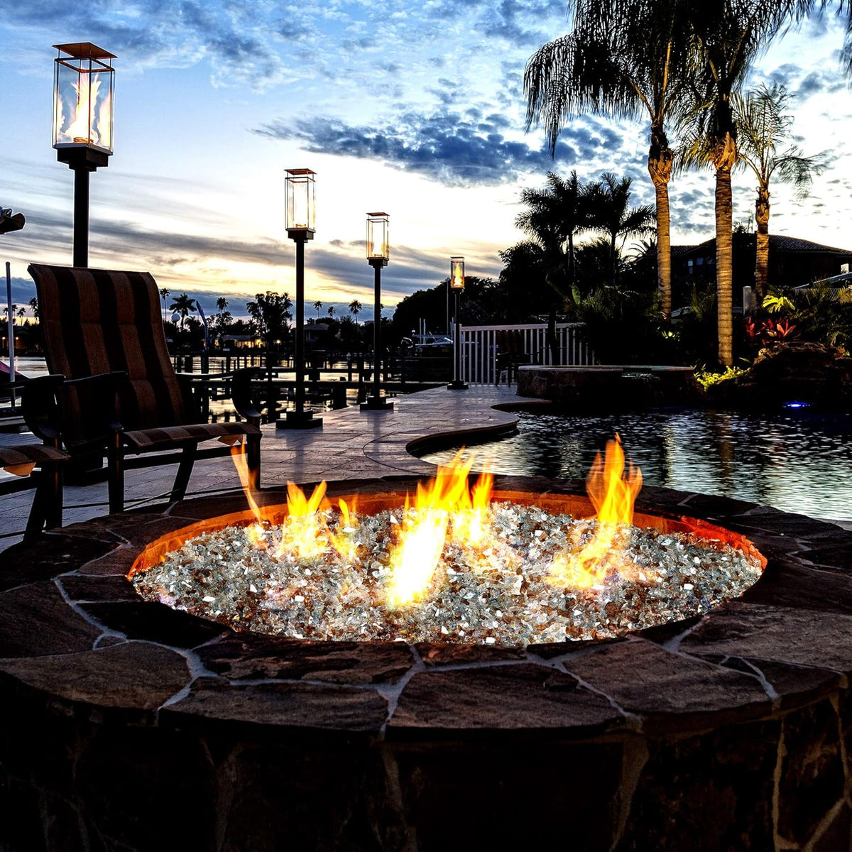 Mr. Fireglass Blended Reflective Fire Glass for Fire Pit Fireplace and Landscaping, 10 Pounds 1/4 Inch Mixed Colored High Luster Fireglass Rocks for Outdoor and Indoor Use Aqua Blue+Copper+Platinum