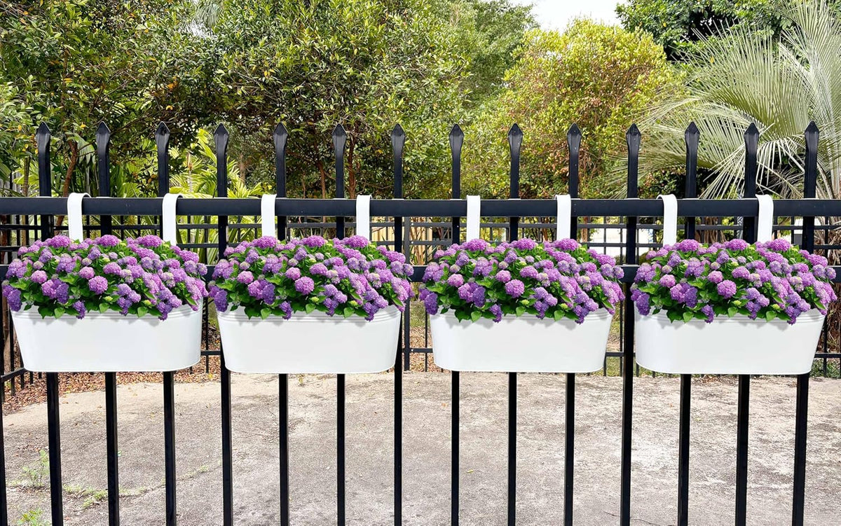 Hanging Planters for Outdoor Plants, 17" Railing Planter Pots, Metal Fence Flower Pot for Porch Balcony with Detachable Hook (White, Pack of 4)
