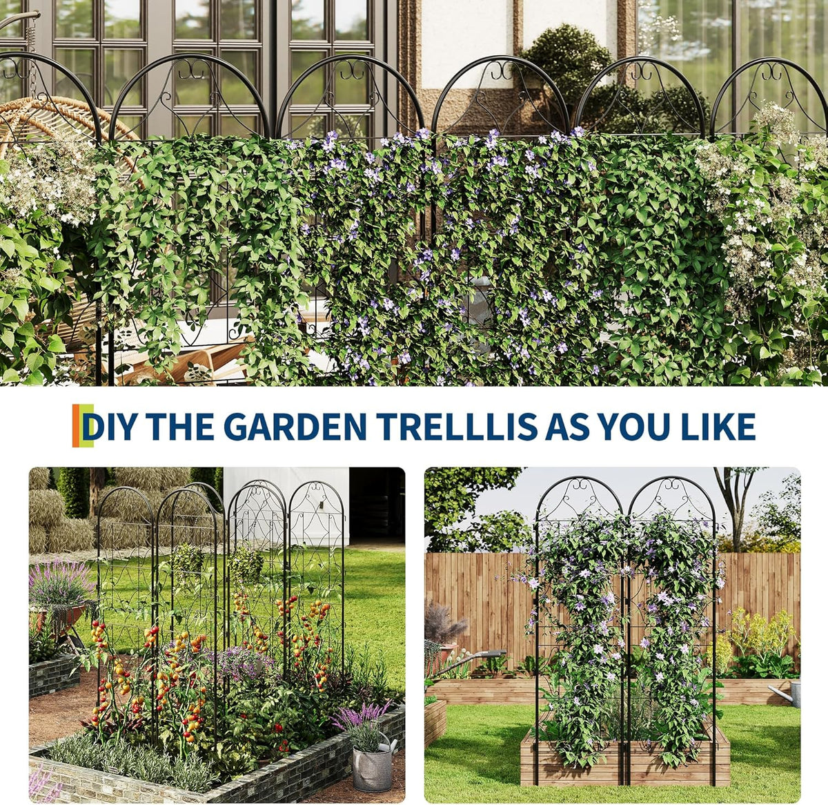 Garden Trellis 4 PCS - Tall 75 Inch x 20 Inch Metal Trellis for Climbing Plants & Vegetables | Rustproof Black Powder Coated Outdoor Plant Support | Patio Decor for Vines, Roses, Cucumbers, Tomatoes
