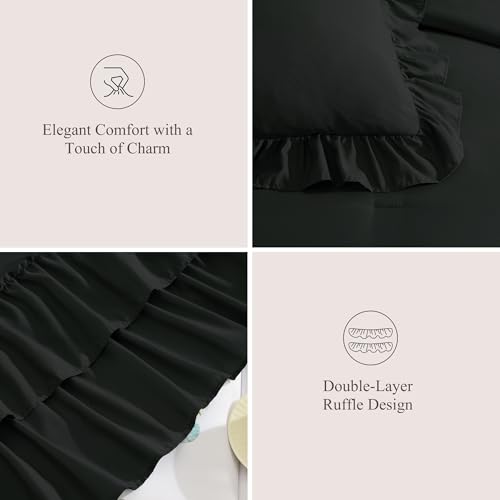 Queen Comforter Set Black Ruffle 7 Pieces Farmhouse Bed in a Bag