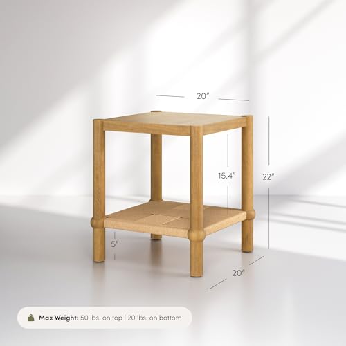 River Modern Coastal Side Table with Solid Wood Legs and Seagrass Storage Shelf (2 Count)