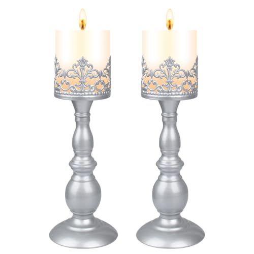 Candle Holders for Pillar Candles Gothic Matte Pearl Silver Tall Candle Holders Set of 2 Decorative Large Table Centerpieces Candle Stand Decor (2 Count)