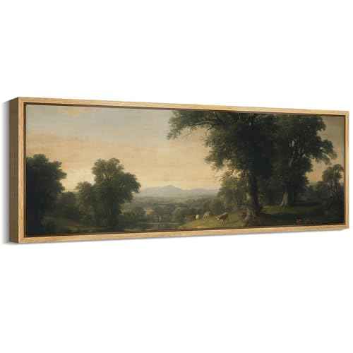 Large Framed Canvas Print Wall Art Pastoral Countryside Landscape Serene River View with Cows and Trees Illustrations Fine Art Illustrations Decorative Colorful for Bedroom